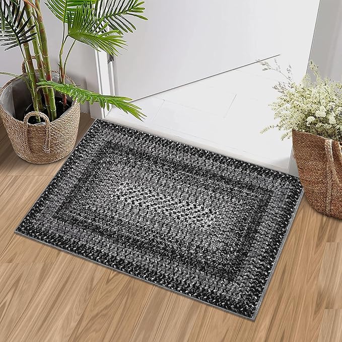 RUGSREAL Entryway Rug 2x3 Small Bedside Throw Mat with Rubber Backing Machine Washable Living Room Rug Non Slip Bathroom Mat Stain Resistant Braided Print Carpet for Dining Room Kitchen Hallway, Black