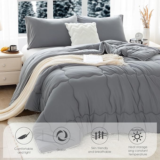 COTTEBED Ultra-Soft Winter King Size Comforter Set, Warm California Cal King Thick Milk Cup Cozy Fully Breathable Bedding 1 Down Alternative with 2 Pillowcase for Winter, Dark Gray