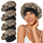 4Pcs Satin Bonnet Silk Bonnet, Hair Bonnet for Sleeping, Elastic Wide Band Silk Sleep Cap, Soft and Breathable(Leopard Print*4)