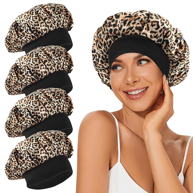 4Pcs Satin Bonnet Silk Bonnet, Hair Bonnet for Sleeping, Elastic Wide Band Silk Sleep Cap, Soft and Breathable(Leopard Print*4)