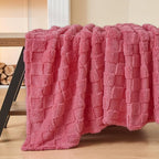 NEWCOSPLAY Super Soft Throw Blanket Coral Pink Premium Silky Flannel Fleece 3D Checkered Lightweight Bed Blanket All Season Use (Coral Pink Checkered, Throw(50"x70"))