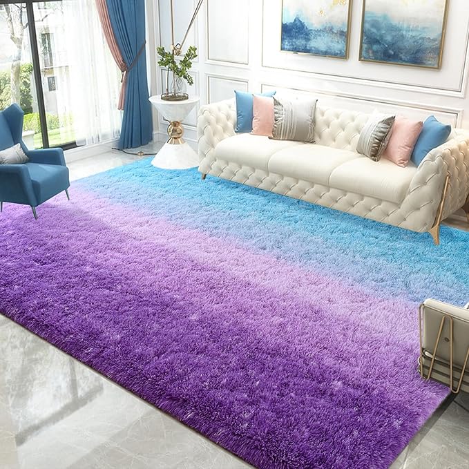 Purple Blue Area Rug 6x9 Large Rugs for Living Room Bedroom, Fluffy Cute Rug Modern Carpets for Kids Room, Non-Skid Rectangular Indoor Gradient Rug for Girls Boys Nursery Room Home Decor