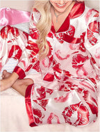 WDIRARA Women's 2 Piece Bowknot Print Satin Pajama Set Long Sleeve Button Down Lounge Pants Sleepwear Sets