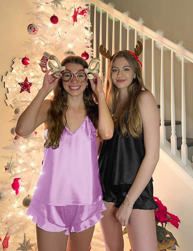 Ekouaer Satin Pajama Set for Women Silk Pjs for Women Set Camisole Top and Shorts with Ruffle Sleepwear
