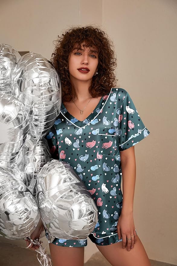 Ekouaer Silk Pajama for Women Short Sleeve Satin Pj Set Two Piece Soft Sleepwear Loungewear, S-XXL
