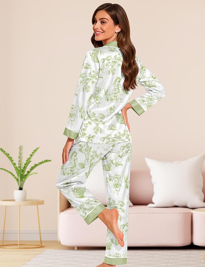 DOLOS Silk Satin Pajama Set for Women Short/Long Sleeve 2-Piece Silky Pajamas for Women Button Down Pjs Sleepwear Loungewear