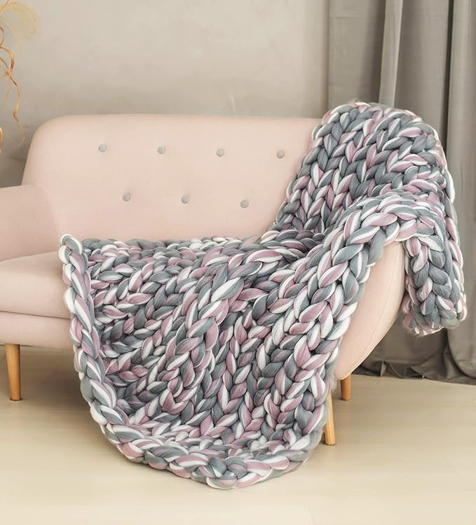 Boho Throw Blanket - Chunky Knit Blanket Full Size Blanket for Adult 54x75, Boho Blanket Bed Decor, Knit Blanket for Couch, Birthday Gift for Women, Ideas (Grey-Pink-White, 54"x75")