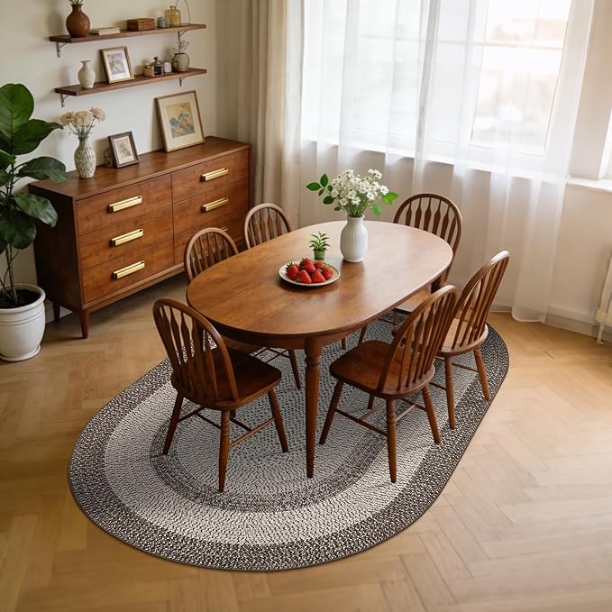 5x8 Oval Living Room Area Rug Washable Modern Border Bedroom Bedside Area Rugs Non Slip Low Pile Dining Room Oval Throw Carpet Contemporary Rugs for Living Room Kitchen Nursery, Mocha