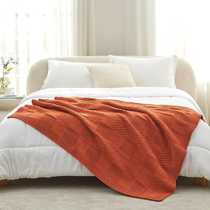 Amélie Home Knit Throw Blanket, Soft Chenille Cozy Breathable Checkered Chunky Decorative Blanket for Couch, Bed & Sofa, French-Inspired Lightweight Warm Gift for Women, Orange, 50"x60"