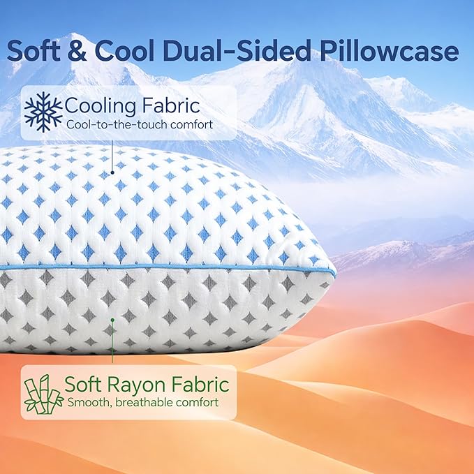 Pillows Queen Size Set of 2 for Sleeping, Cooling Adjustable Memory Foam Pillows, Dual Fill Design Helps Maintain Shape, Breathable Washable Cover