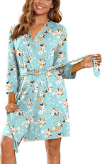 Ekouaer Women‘s Robes Lightweight 3/4 Sleeve Short Knit Bathrobe Soft Knee Length Sleepwear Robes with Pockets S-XXL