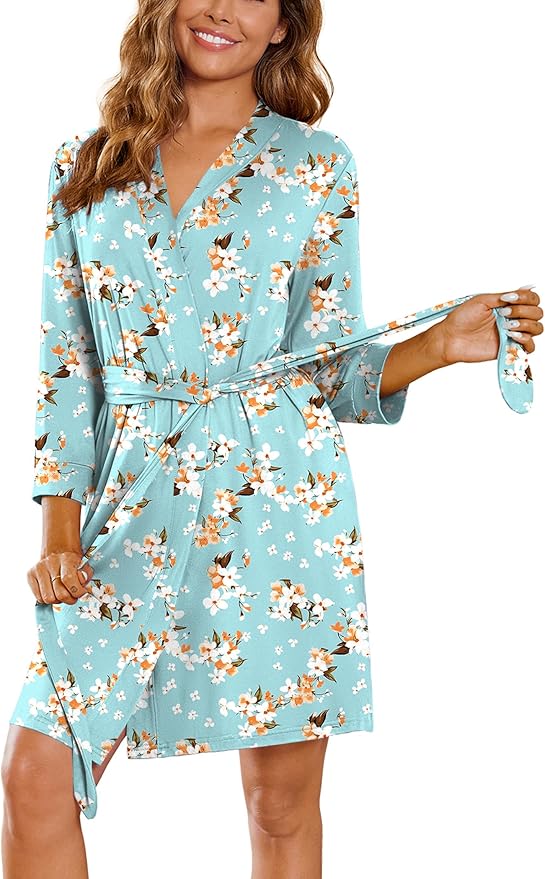 Ekouaer Women‘s Robes Lightweight 3/4 Sleeve Short Knit Bathrobe Soft Knee Length Sleepwear Robes with Pockets S-XXL