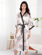 EPLAZA Silk Robes for Women Satin Robe Long Sexy Print Flower Kimono Loungewear Wedding Bridal Party