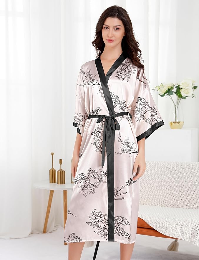 EPLAZA Silk Robes for Women Satin Robe Long Sexy Print Flower Kimono Loungewear Wedding Bridal Party