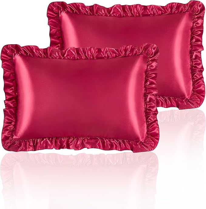 Wine Red Satin Ruffled Pillow Cases for Hair and Skin,Wine Red Silk Pillowcases Standard Set of 2 with Envelope Closure Princess Room Decoration