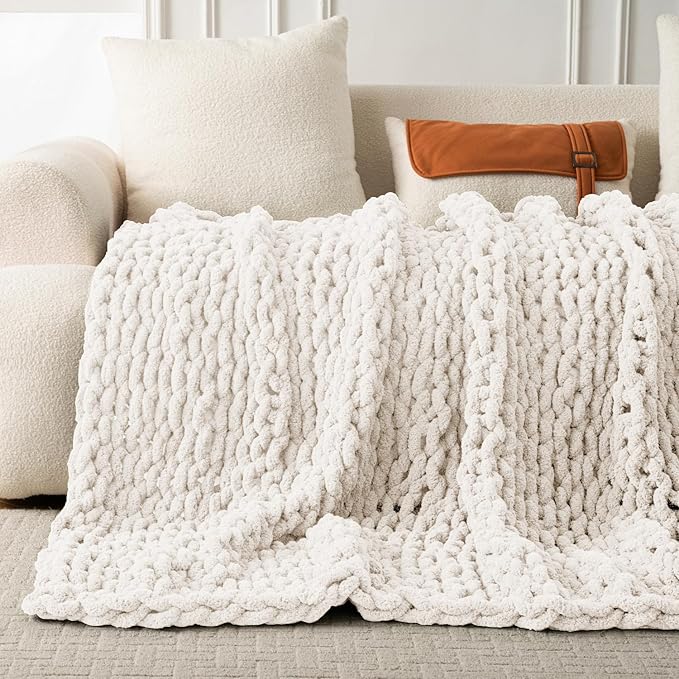 Ultra Soft Chunky Knit Throw Blanket 40x50 Hand Knitted Warm Chenille Throw Blanket, Home Decor Soft Thick Yarn Cable Knit Blanket Breathable Fleece Banket Christmas for Couch Bed Sofa Best Gift