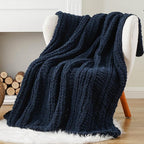 Battilo Navy Chunky Knit Throw Blanket for Couch, Navy Blue Chenille Throw Blanket Super Soft Cozy Thick Warm Cable Knitted Blanket for Bed, Sofa, Living Room, 50"x60"