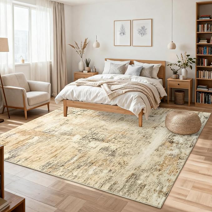 CRYPTOLITE Area Rugs 9x12 Rug for Living Room Abstract Washable Rug with Non-Slip Backing Low Pile Area Rugs for Bedroom, Dining Room, Khaki