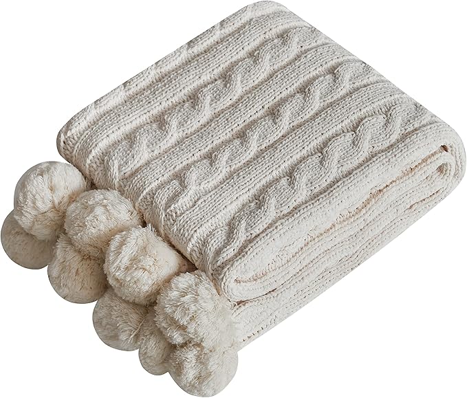 Chenille Chunky Knitted Throw Blanket with 14pcs Pom Poms Tassel Super Soft Cozy Warm Blanket for Sofa Bed Soft Couch 50 x60 inches (White)?-¡­