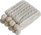 Chenille Chunky Knitted Throw Blanket with 14pcs Pom Poms Tassel Super Soft Cozy Warm Blanket for Sofa Bed Soft Couch 50 x60 inches (White)?-¡­