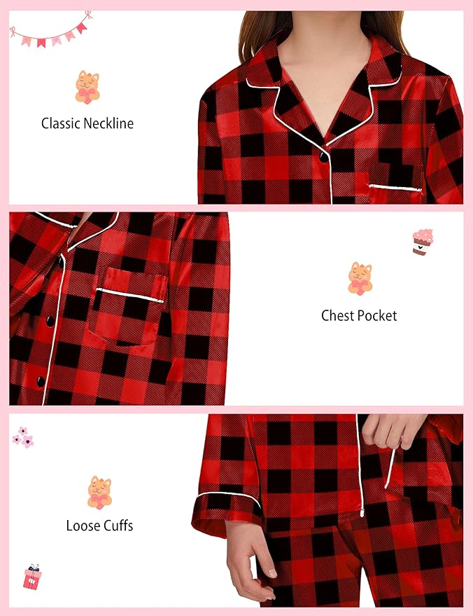 EPLAZA Kids Satin Pajamas Sets Girls Boys Button-Down Silky Pajamas Sleepwear with Hairband Eye Mask Hair Tie