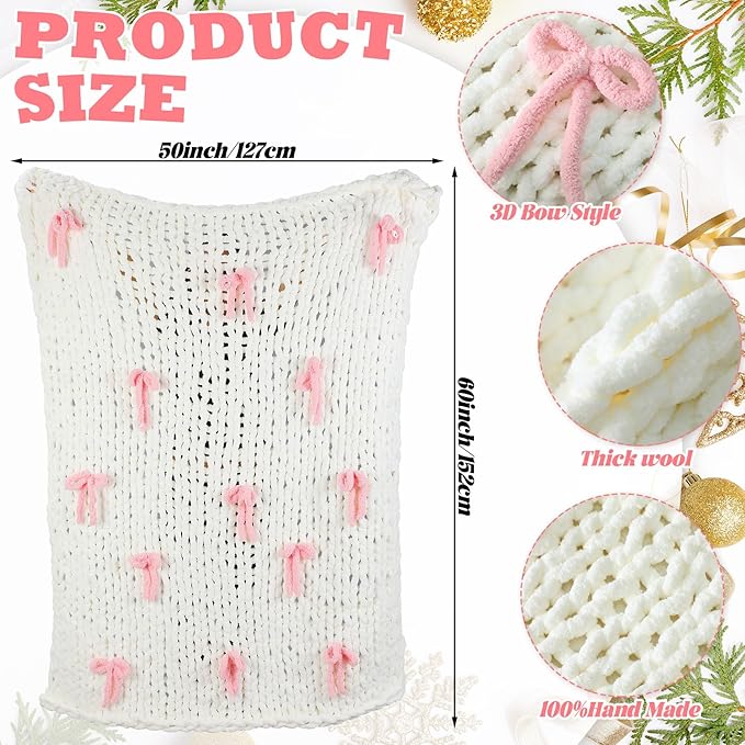 Mindsoft Pink Bow Chunky Knit Blanket Throw Large 50" X 60" 100% Handmade Cream Chenille Loop Yarn Fluffy Soft Knitted Throw Big Cozy Thick Cable Knit Crochet Blanket for Couch Sofa Bed