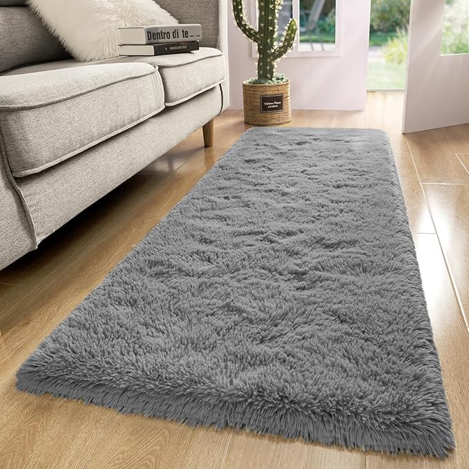 Macgace Fluffy Runner Rug, 2x6 Grey Washable Hallway Area Rugs for Bedroom Living Room Kitchen Laundry, Long Shag Rug with Non Slip Rubber Backing Fuzzy Entryway Carpet Modern Home Decor