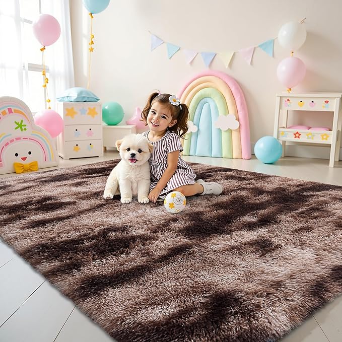 OLANLY Area Rugs for Living Room Bedroom, Machine Washable 4x5.9 Feet Soft Fluffy Shaggy Bedside Rug, Indoor Floor Carpet for Kids Girls and Boys, Nursery Room, Home Decor Aesthetic, Coffee Tie-dye