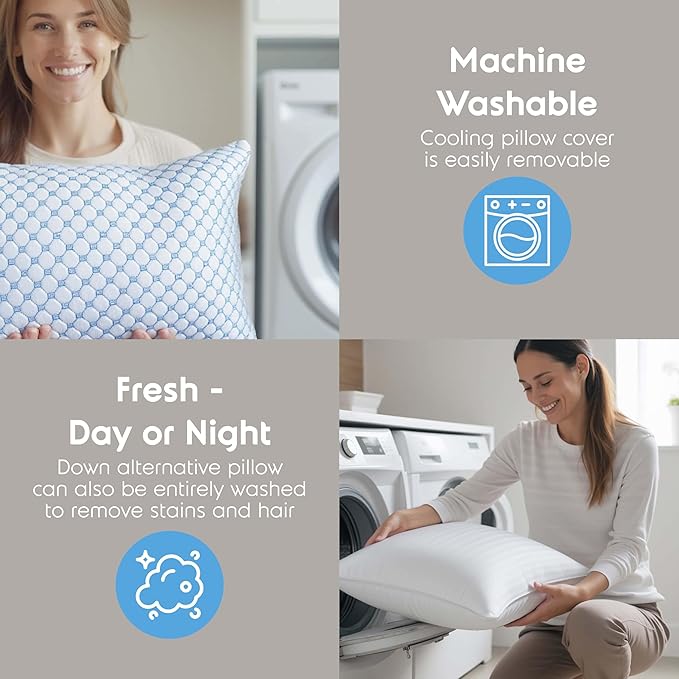 Nestl Cooling Memory Foam Pillow with Down alternative Pillows Combo Set – King Size Set of 2, 1 Soft and 1 Firm, Adjustable for Side, Back or Stomach Sleepers, Breathable Washable Cool Cover, 20”x36”