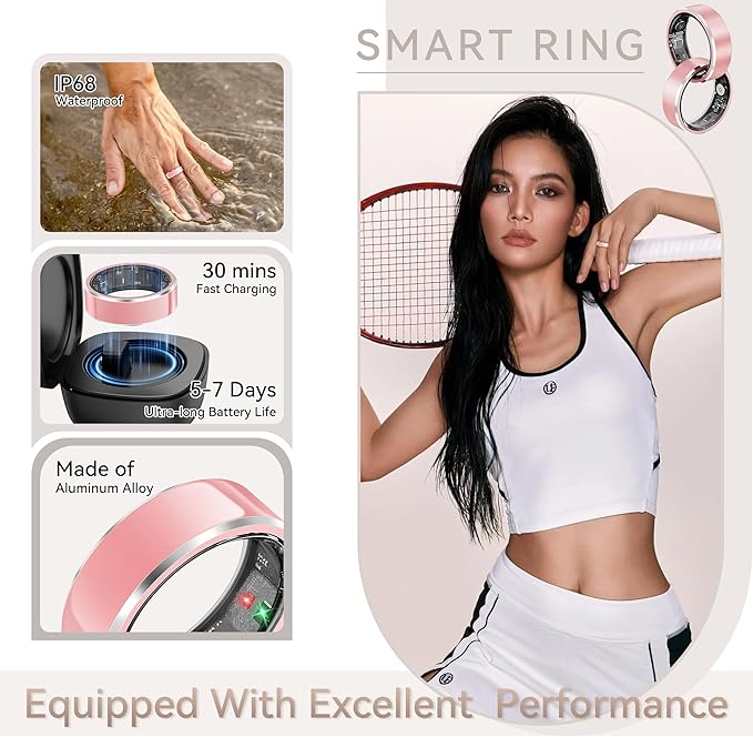 Smart Ring for Women, Fitness & Activity Tracker with Blood Pressure/Heart Rate Monitor, Sleep Tracker, Step Counter, IP68 Waterproof Ring for iOS & Android,Fast Charge, No Subscription (Pink,Size9）