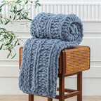 WESHIONGOO Chunky Knit Blanket Throw 40"×60" Knitted Throw Blankets for Couch Bed Fluffy Soft Blanket with Jumbo Chenille Yarn Thick 100% Handmade(Dusty Blue,Medium Size Throw)