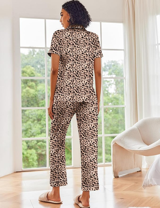 Ekouaer Satin Pajamas Set Women Short Sleeve Sleepwear Soft Button Down Loungewear Pjs Set