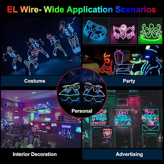 JIGUOOR EL Wire Battery Pack 9.8ft / 3m Bright Neon Light Strip 360° Illumination Neon Tube Rope Lights for DIY, Festival, Party Decoration, Pub, Halloween, Chrismas. (9.8ft / 3m, Blue)