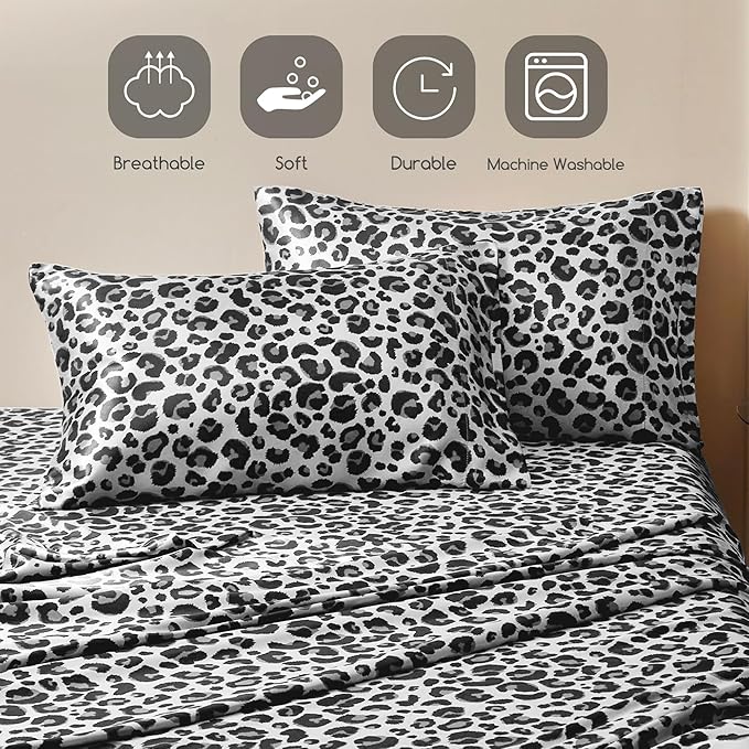MR&HM Satin Sheets with Elastic Corner Straps, Full Size Sheets Set, 4 Pcs Silky Bedding Set with 15 Inches Deep Pocket for Mattress (Full, White Leopard)
