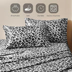 MR&HM Satin Sheets with Elastic Corner Straps, Full Size Sheets Set, 4 Pcs Silky Bedding Set with 15 Inches Deep Pocket for Mattress (Full, White Leopard)