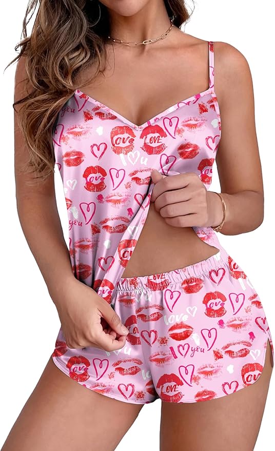 Ekouaer Silk Pajamas Set for Women Satin Camisole Sleepwear Lingerie V-Neck Cami Top and Shorts Pjs