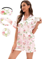 EPLAZA Silk Pajamas for Women Satin Pajamas Set 5 Pcs Long Sleeve Print Pattern Button Down Pjs Sleepwear Loungewear Set