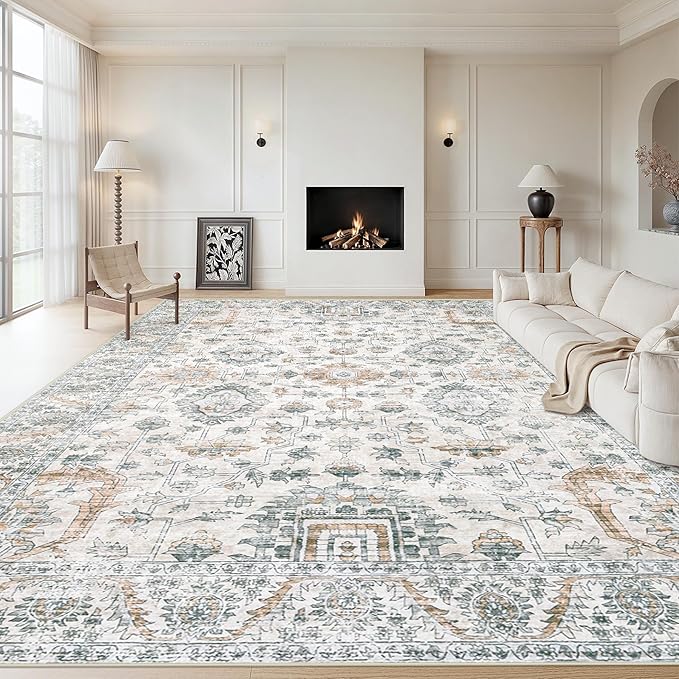 XLUEZ Area Rug 10x14 Living Room Rugs, Machine Washable Vintage Distressed Boho Area Rug Non-Slip Soft Low Pile Large Indoor Rugs for Bedroom Kitchen Dining Room Office(Brown Green,10'x14')