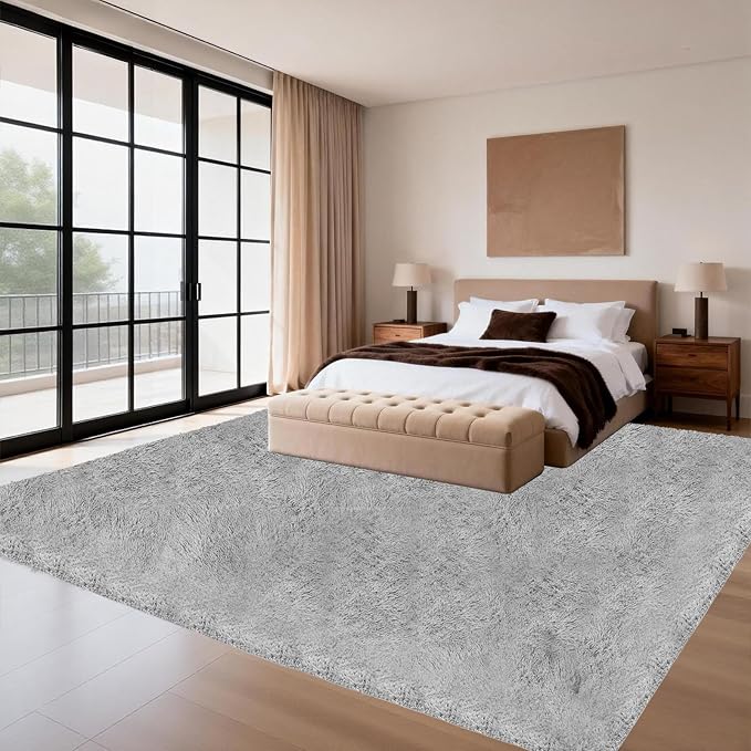 Shag Area Rugs for Living Room Bedroom, Upgrade Non-Slip 4x6 ft Ultra Soft Fluffy Shaggy Bedside Rug, Indoor Floor Carpet for Kids Girls Boys, Dorms, Nursery Rooms, Home Decor Aesthetic, Light Grey