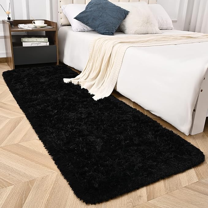 Black Runner Area Rugs for Bedroom Living Room, 2x6 Feet Fluffy Bedside Rugs, Soft Shaggy Carpet Rug for Kids Room Nursery, Furry Cute Rugs for Girls Boys Dorm Room Home Decor