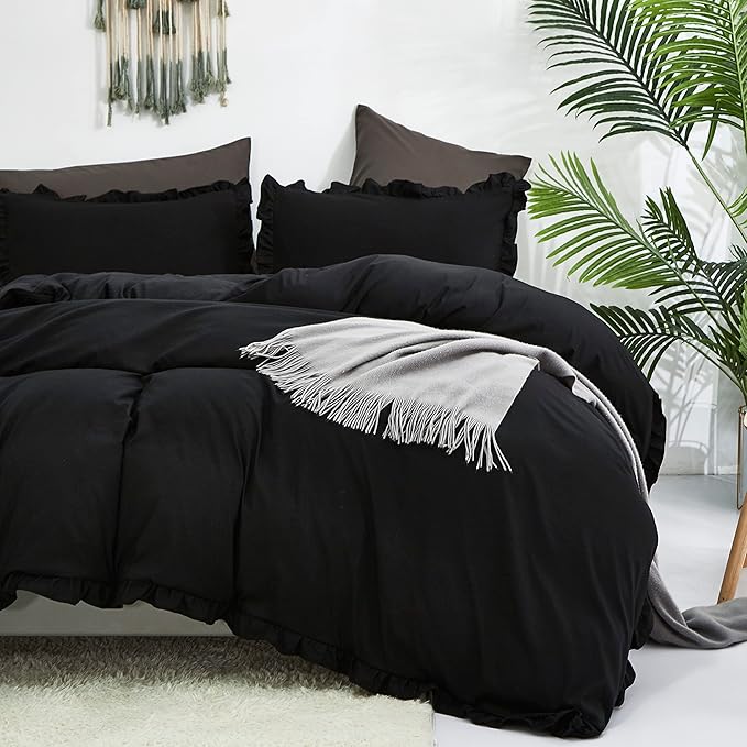 CLOTHKNOW Black Ruffle Comforter Set Full Size Bedding Comforter Sets Soft Farmhouse Shabby Chic Comforters with 2 x Pillow Cases