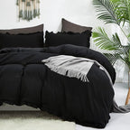 CLOTHKNOW Black Ruffle Comforter Set Full Size Bedding Comforter Sets Soft Farmhouse Shabby Chic Comforters with 2 x Pillow Cases