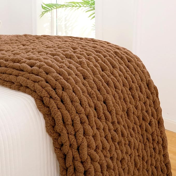 YAAPSU Chunky Knit Throw Blanket for Couch, 51"x63", 100% Hand Knitted Thick Cable Knit with Cozy Jumbo Chenille Yarn, Soft Large Rope Knot Crochet Blankets for Sofa Bed Living Room Décor, Caramel