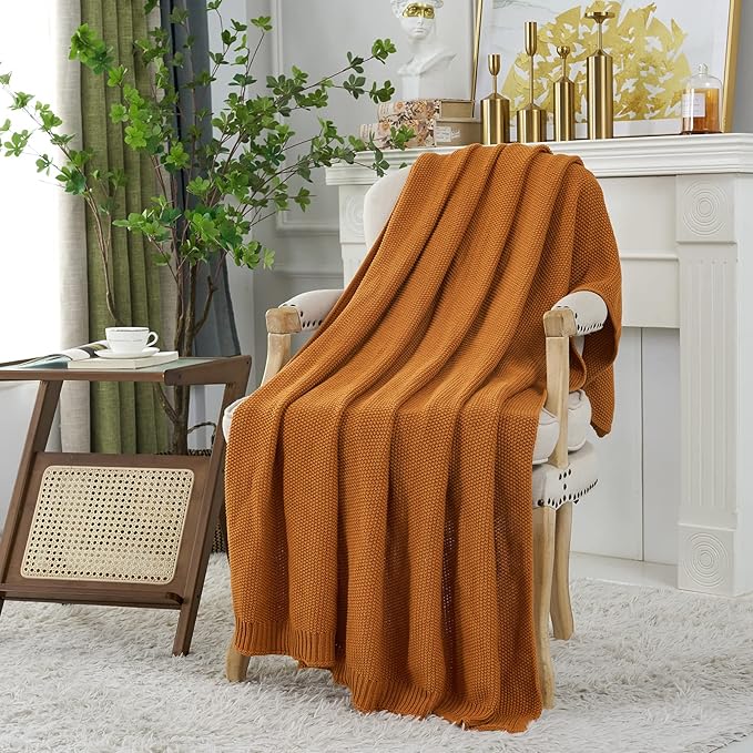 Longhui bedding Burnt Orange Cotton Cable Knit Throw Blanket for Couch Sofa Chair Bed Home Decorative, 3.4 Pounds 60 x 80 Inch Woven Throw Blankets with Bonus Laundering Bag