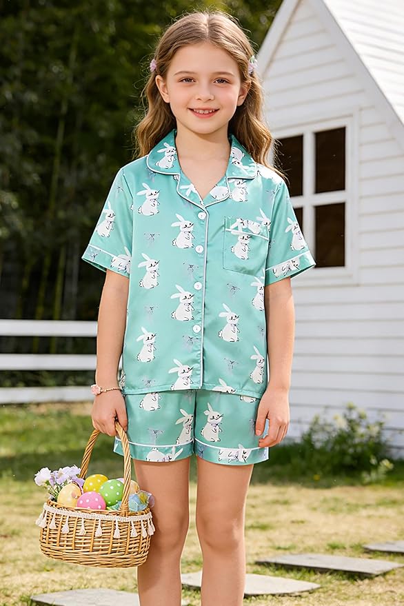 Hupohoi Unisex Girls Boys Kids Pajama Sets Button Down Satin Sleepwear Nighty 3PCS Silky Lounge Sets Nightwear