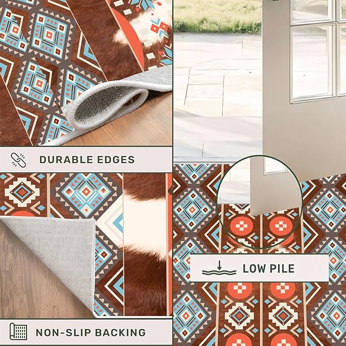 Western Cowhide Runner Rug,3.3x10ft,Rustic Tribal Aztec Runner Rug,Farmhouse Cow Print Decor Western Kitchen Rugs,Soft Non-Slip Faux Cowhide Hallway Carpet, for Office Entryway Bedroom Floor Mat