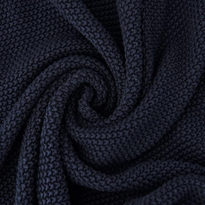 Longhui bedding Dark Navy Blue Cotton Cable Knit Throw Blanket for Couch Sofa Bed, Lightweight Home Decorative Throws, Bonus Laundering Bag, 50“ x 60” Machine Washable