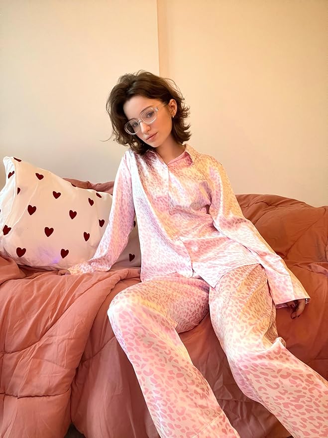 Ekouaer Women Satin Silk Pajamas Classic Long Sleeve Button Down Pjs Set Soft Loungewear
