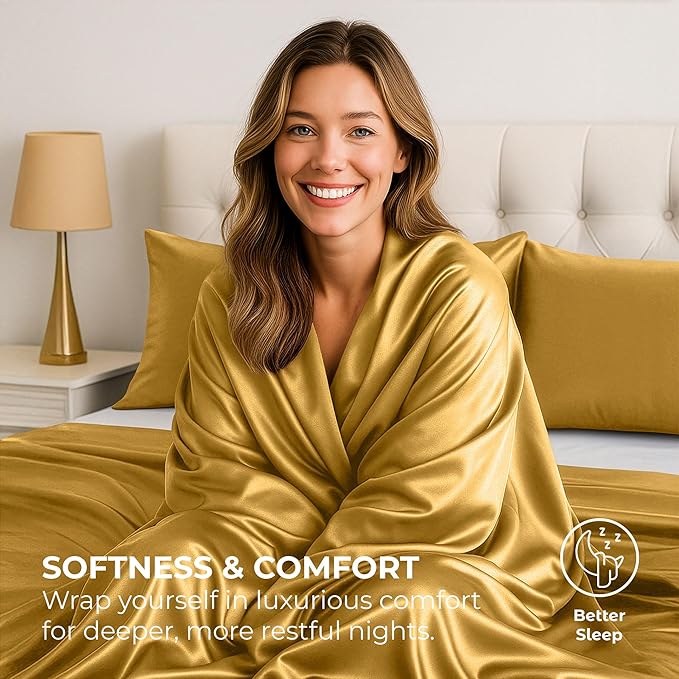 Satin Sheets California King [4-Piece, Gold] Luxury Silky Bed Sheets - Extra Soft 1800 Microfiber Sheet Set, Wrinkle, Fade, Stain Resistant - Deep Pocket Fitted Sheet, Flat Sheet, Pillow Cases