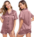 LecGee Womens Silk Satin Pajamas Short Sleeve Loungewear Two-Piece Sleepwear Button-Down Pj Set
